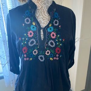 Johnny Was blousy top. Black with tiny flowers around front